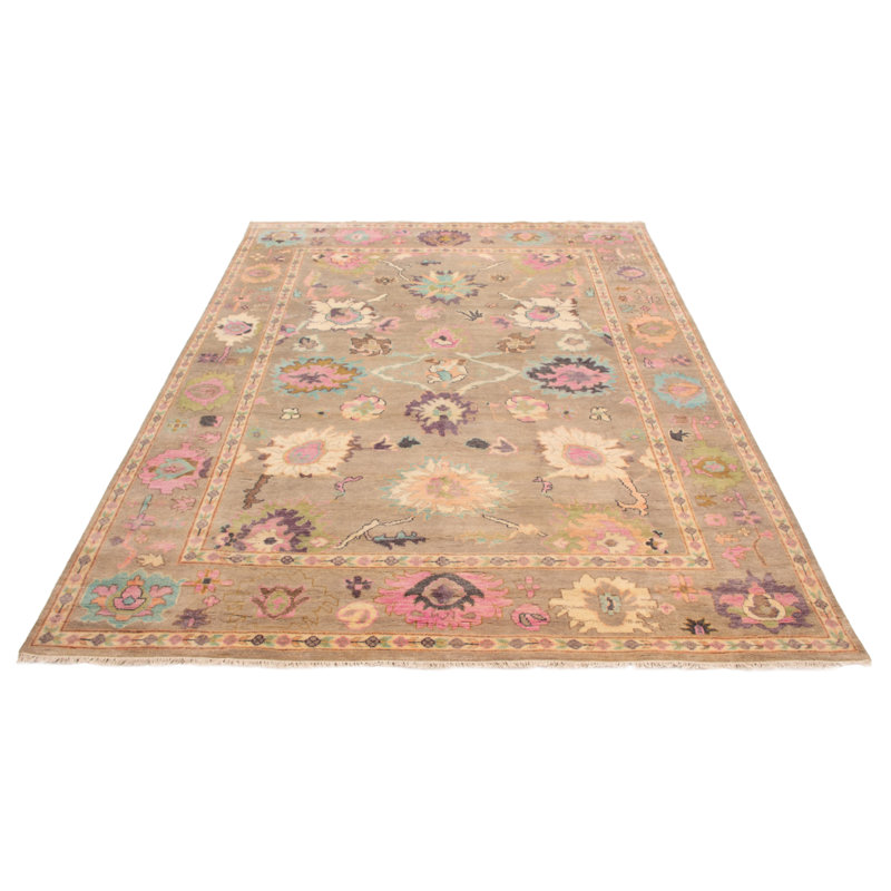 Tapis taupe en laine noué à la main 8 pi 11 po x 12 pi 1 po