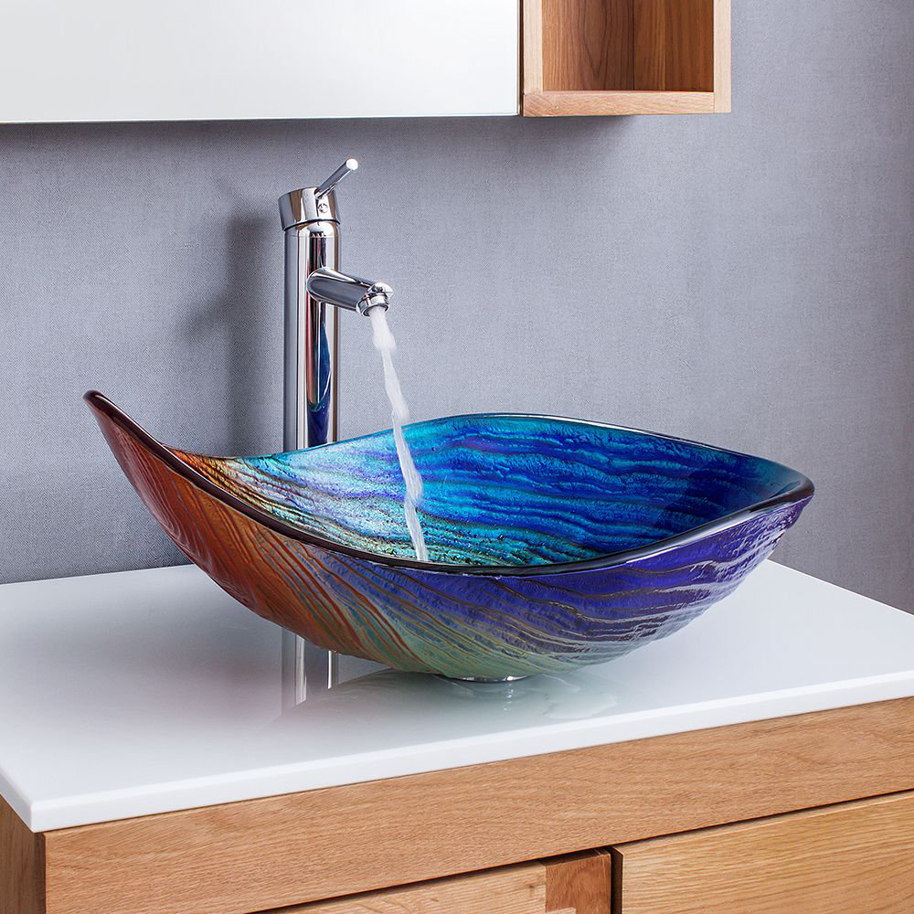 Teardrop-Shaped Bathroom Vessel Sink 14.17'' Tempered Glass Oval Wash Sink Homary