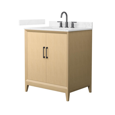 Meuble-lavabo simple 30 po Janna en chêne blanc, comptoir en marbre de culture de Carrare, lavabo carré encastré (3 trous), garniture noir mat