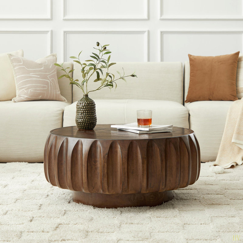 Round Solid Wood Carved Coffee Table With Elegant Sculptural Design, Black