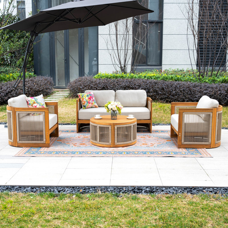 4-Piece Outdoor Solid Wood & Rope Sofa Set with Coffee Table for 4