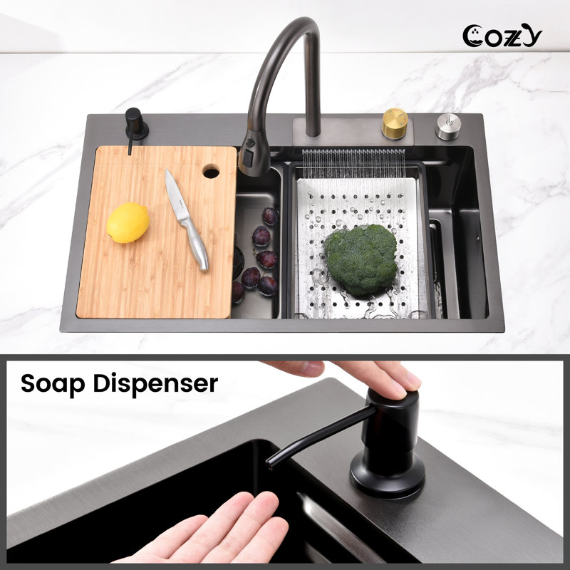 Évier de cuisine noir 30 po x 22 po en acier inoxydable, fabriqué à la main avec une performance rectangulaire en acier polyvalent