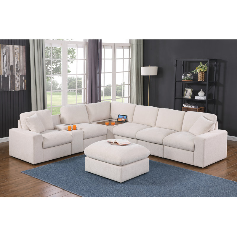 Canapé modulaire en coin avec console porte-gobelet, table de coin avec port USB et repose-pieds Bondilla, Chenille beige