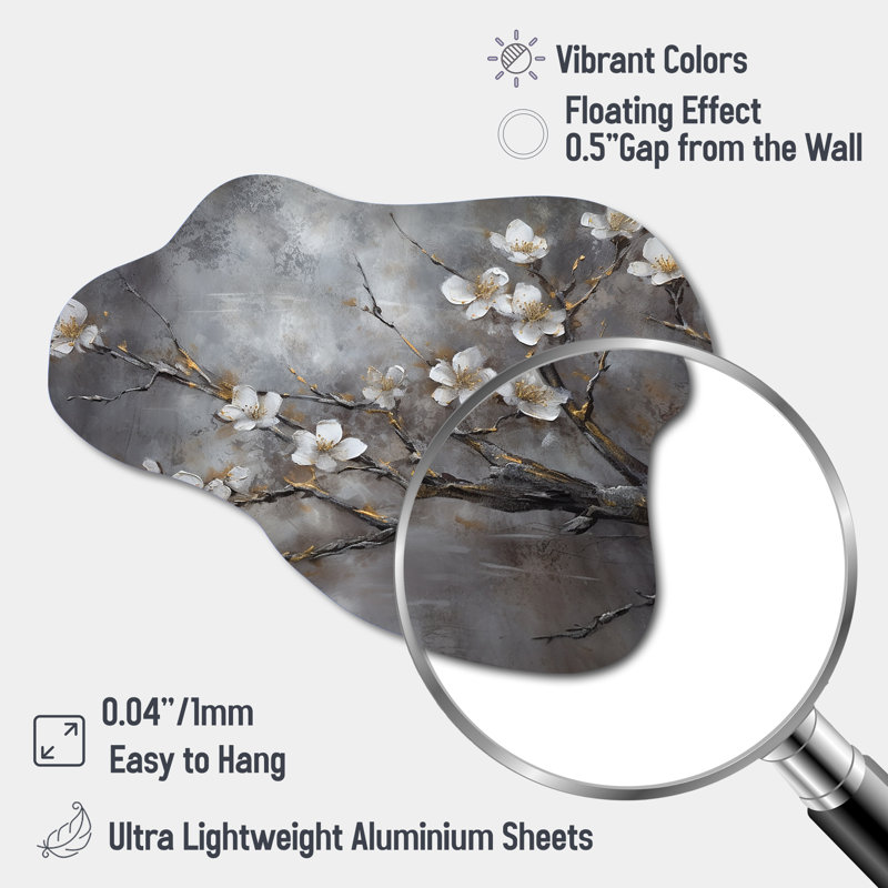 «White Grey Cherry Blossum Harmony II», art mural floral en métal, sculpture murale asymétrique en métal, H 28 po x l 25 po