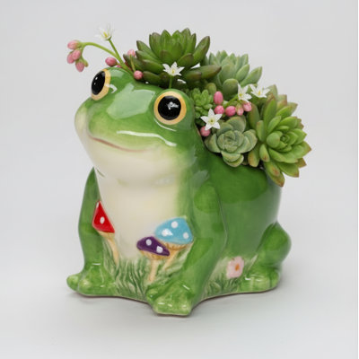 Frog With Mushrooms Flower Pot