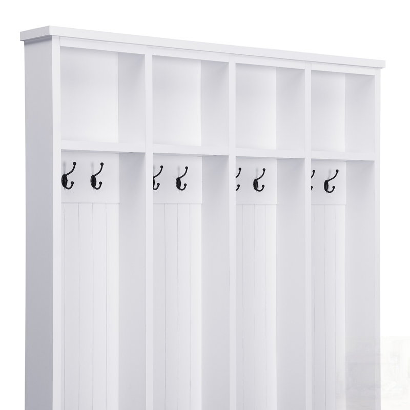 Farmhouse Hall Tree With 8 Hooks, Practical Entryway Bench With Open Compartments, Modern 3-In-1 Wooden Style Coat And Shoe Rack For Mudroom, Living Room