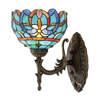 Applique murale Tiffany en verre coloré 8 x 10,5 x 11 pouces pour chevet dans la chambre à coucher (style baroque bleu vert)