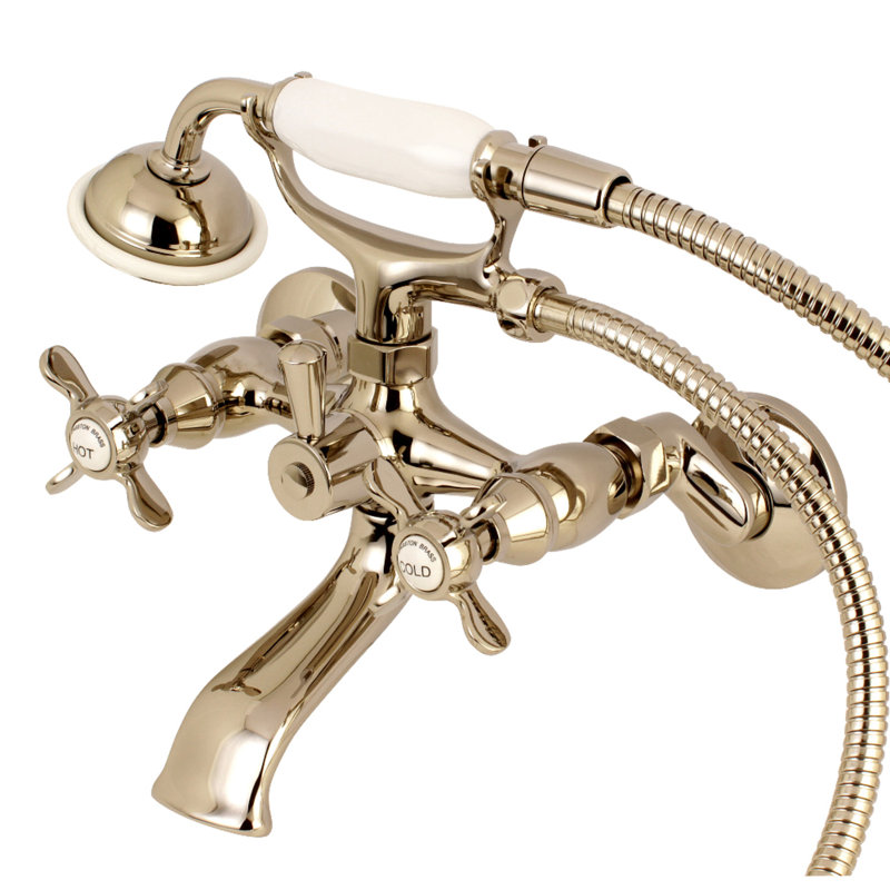 Kingston Brass Essex Three-Handle 2-Hole Tub Wall Mount Clawfoot Tub Faucet with Hand Shower, Polished Nickel