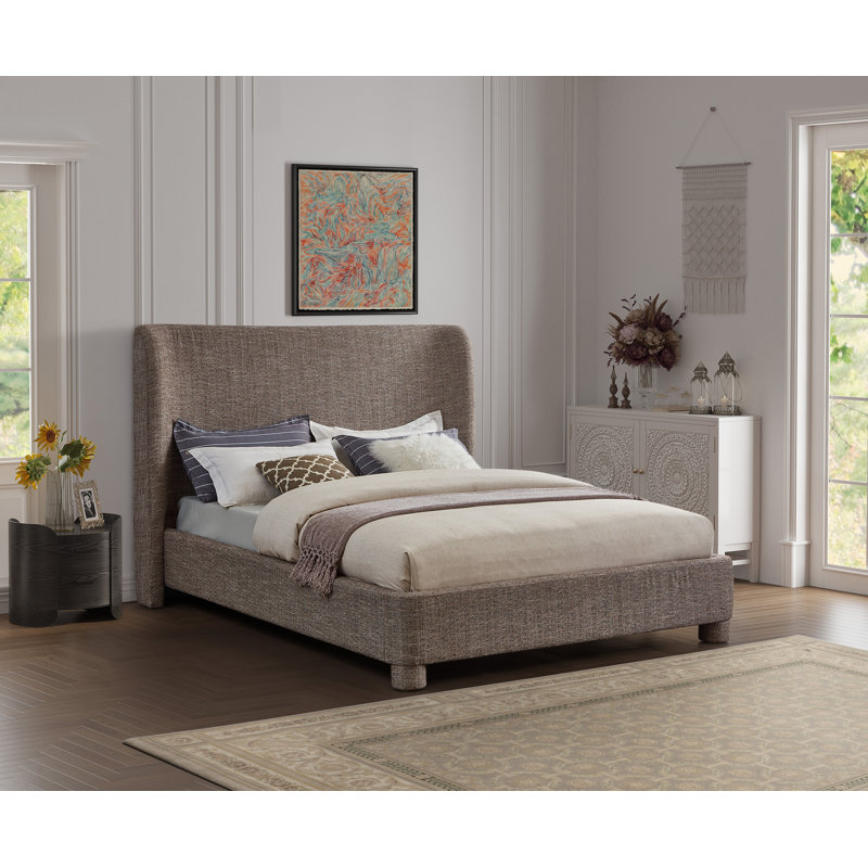 Kiria Upholstered Wingback Bed, King, Brown Linen Textured Fabric