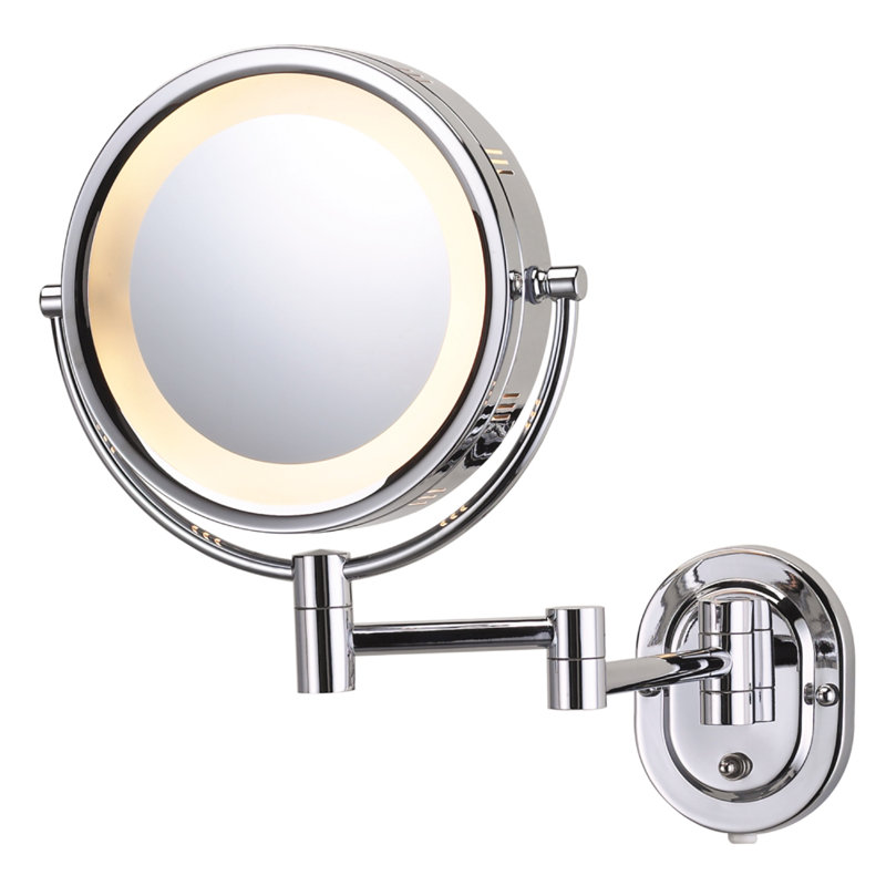 Ake 8" Lighted Wall Mount Magnified Makeup Mirror, Plug In, Chrome