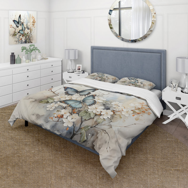 Ensemble de housse de couette en microfibre / polyester bleu et blanc, Housse de couette pour grand lit et 2 taies décor