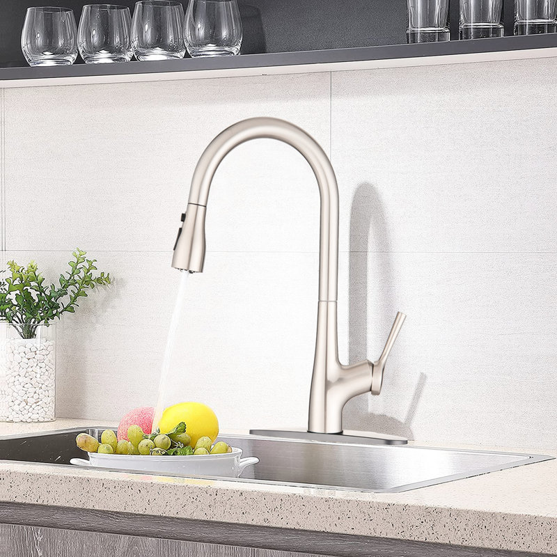 Single Handle Pull Down Kitchen Sink Faucet With Brushed Nickel Finish, Spot , High Arc Swivel Spout Three - Function For Simplistic Filling And Brushing, Easy Clean Nozzles, Class Brass, Restaurant