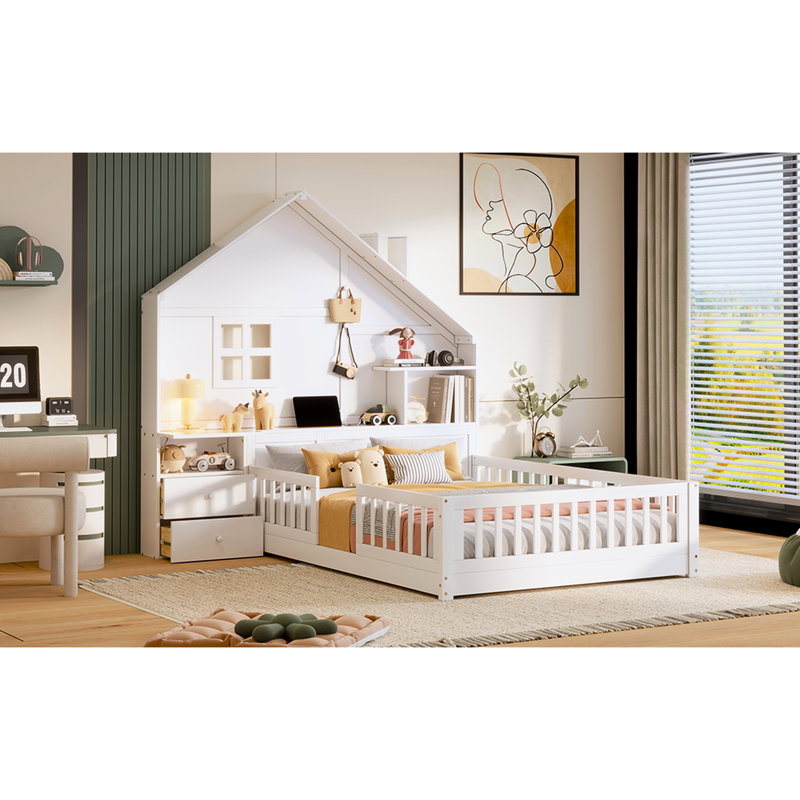 Lit double blanc avec conception de fenêtre, tiroirs de chevet, tablette et prises de courant blanches Idéal pour une chambre à coucher confortable avec un coin fenêtre, une fabrication de douilles à tablettes et une utilisation à long terme
