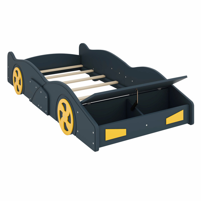 Lit plateforme avec roulettes et rangement Race, Bleu foncé / Jaune