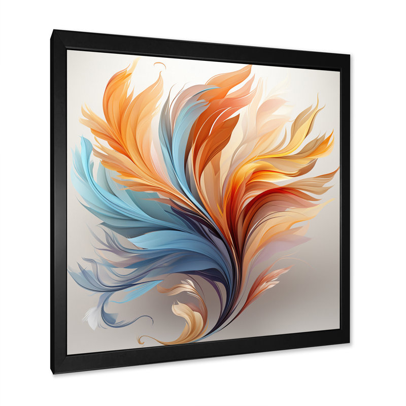 Fractale, plume bohémienne orange et turquoise - art mural plumes, H 24 po x l 24 po x P 1 po, Cadre simple noir