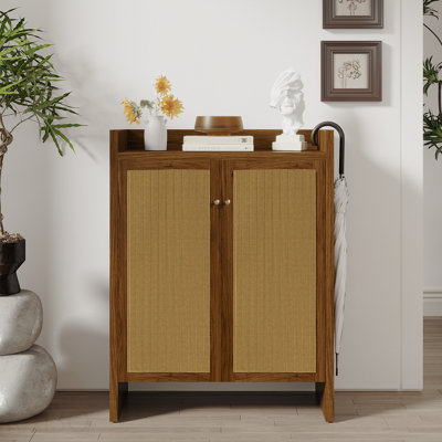 42.5" Tall Rattan Shoe Cabinet With Doors, 6-Tier Shoe Storage Cabinet With Adjustable Shelves, Wooden Freestanding Shoe Organizer Shoe Cabinet For Entryway,Hallway,Living Room (Walnut)