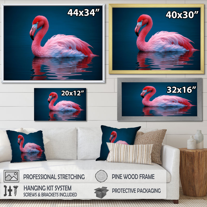 Flamant rose sur toile, impression de décor d'oiseau tropical - lac flamant rose sérénité, Cadre flottant doré