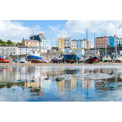 Boats In The Bay At Low Tide With Town View In Tenby Bay, Wales by Tamas Gabor - Wrapped Canvas Print