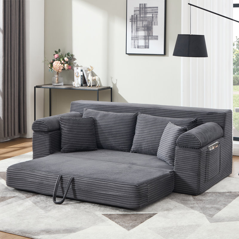 Brigitte 78.1" Convertible Corduroy Sofa Bed, Upholstered Pull-Out Couch with Sleeper, Slate Gray