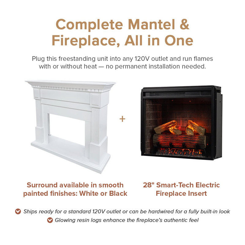 Modern Ember Augustine Mantel Package with 28" Electric Fireplace - Alexa & Google Asst Compatible, White