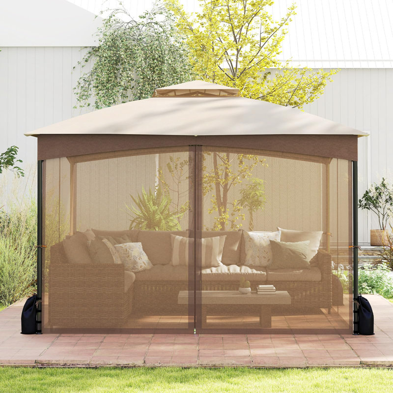 Double Roof Garden Gazebo With Netting Sidewalls, Brown