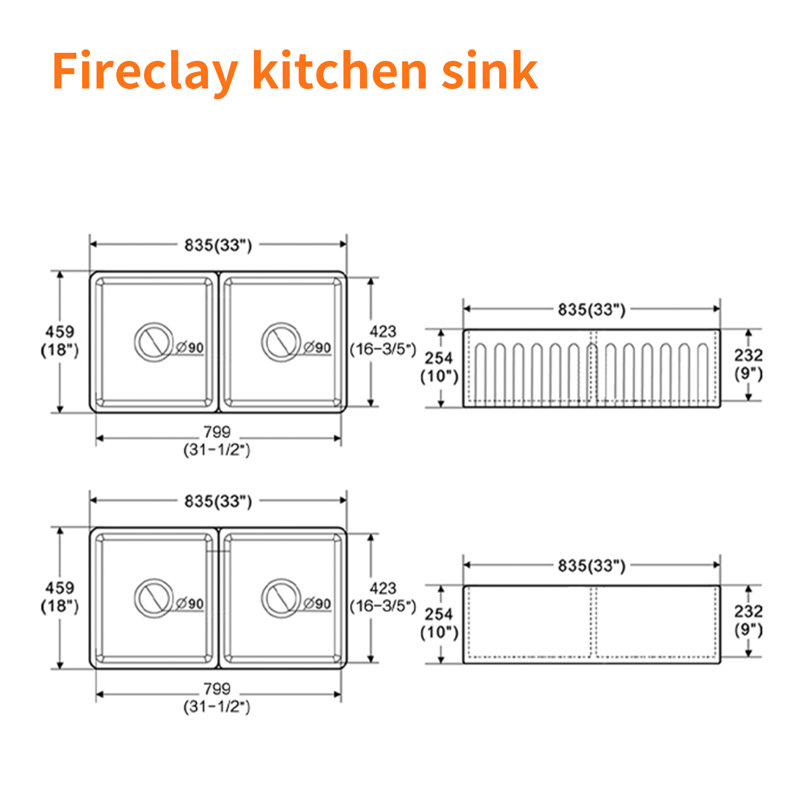 33'' L Double Bowl Fireclay Kitchen Sink