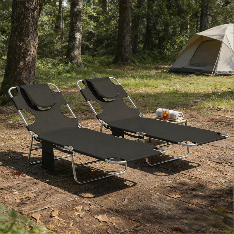 Ensemble de deux chaises longues à dossier ajustable pour la détente en plein air et les bains de soleil Beach, Noir