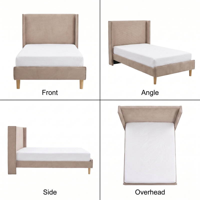 Janine Corduroy Upholstered Wingback Bed with Slat Kit and Solid and Manufactured Wood Frame, Mink, Twin