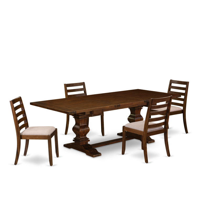 1F4360D62A6445C399DA4941F31E491B Ensemble de table de salle à manger 5 pièces - une table à rallonge amovible et 4 chaises empilables en tissu brun clair, finition noyer antique.