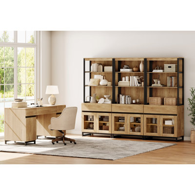  Ensemble de mobilier de bureau personnel: bureau de direction moderne de 59 po avec station de charge et tiroirs et trois bibliothèques de 72 po de hauteur, mobilier de bureau personnel pour le salon, la chambre à coucher