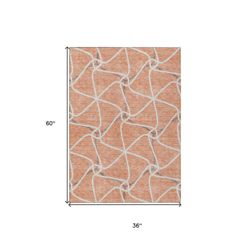 3' X 5' Salmon And Ivory Geometric Washable Indoor Outdoor Area Rug
