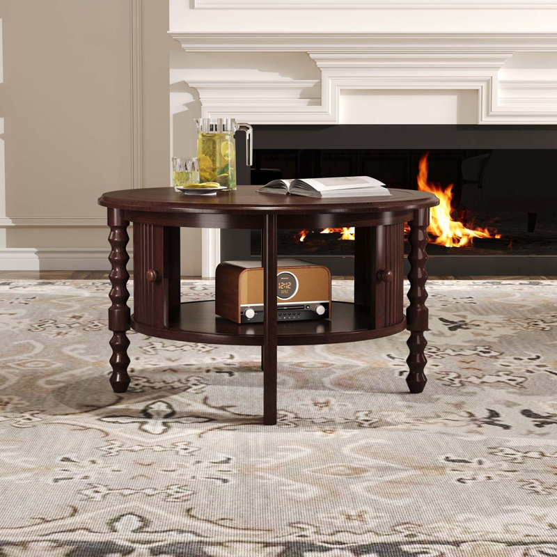 Vintage Round Coffee Table with Practical Storage for Various Spaces, Walnut