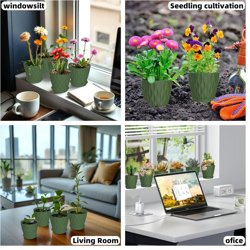 Ensemble de 16 pots à fleurs en plastique vert 4 pouces avec plateaux
