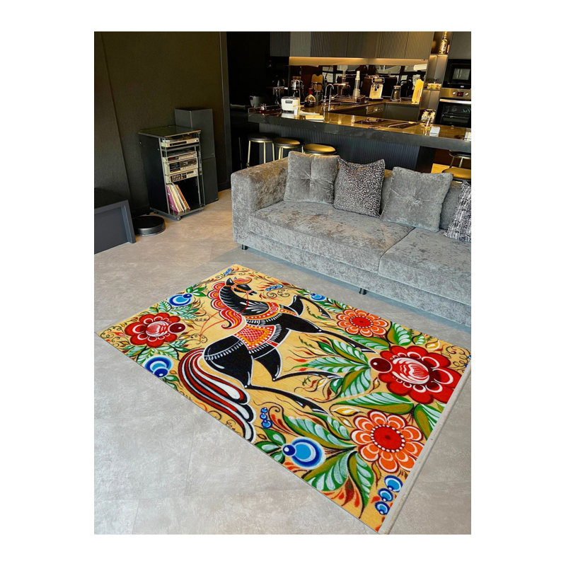 Multicolor Noble Horse and Flower Figures Patterned Creative Modern Decorative Rug, Rectangle 4'7" x 6'7" Rug Pad Included