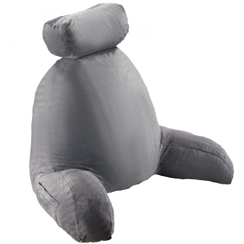Reading Pillow, Large Bed Pillow with Removable Headrest, Back Pillow with 3 Pockets, Shredded Memory Foam and Washable Short Velvet Cloth, Side with Handles for Reading, Gaming, Resting, Grey