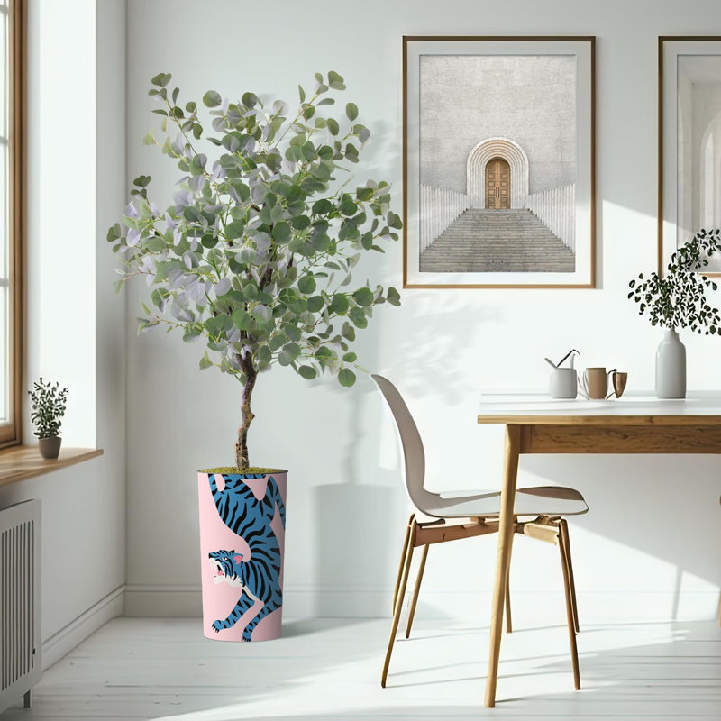 Arbre artificiel dans un pot de fleurs moderne, faux arbre en soie d'eucalyptus (décoration en pot et arbre), Tigre bleu