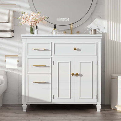 Meuble-lavabo de 36 pouces avec lavabo en céramique, un tiroir basculant, 3 tiroirs latéraux, tablette réglable, finition blanche