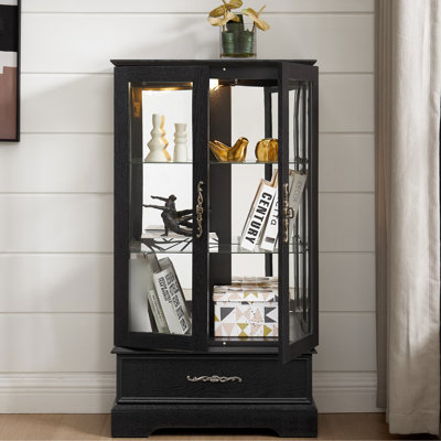 Elegant 2 - Door Lighted Glass Display Cabinet With Adjustable Shelves, Vintage Appeal, And Built In Drawer, Black, For Entryway Upgrade Curio Mirrored Back, Easy To Follow Assembly, Black