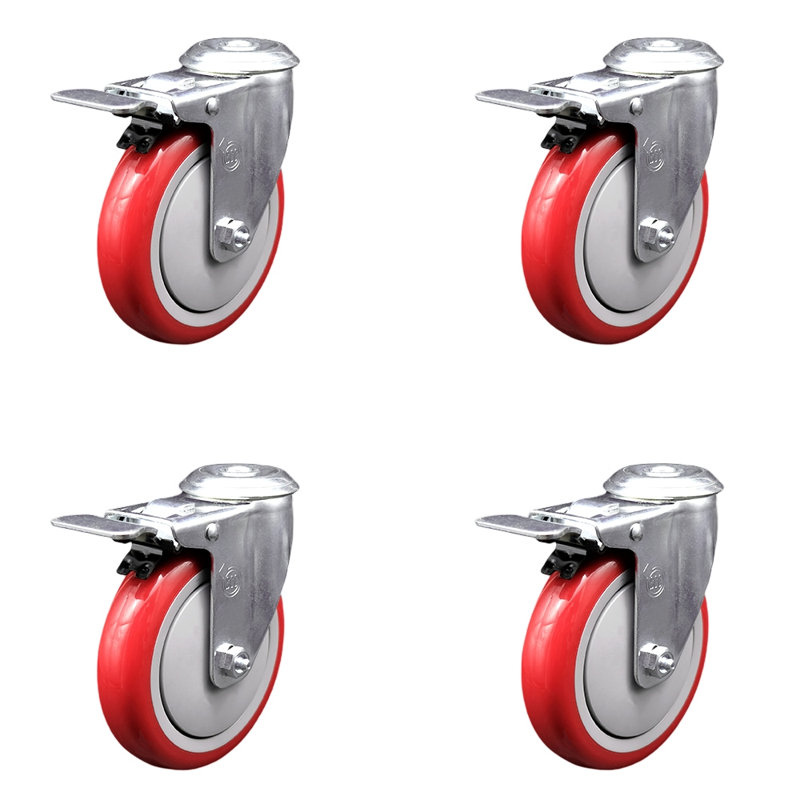Ensemble de roulettes pivotantes en polyuréthane avec frein à verrouillage total, Rouge