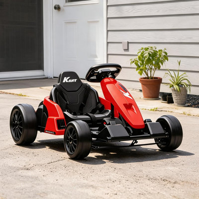 Kart électrique rouge foncé avec construction robuste en PP et en métal, deux moteurs de 150 W