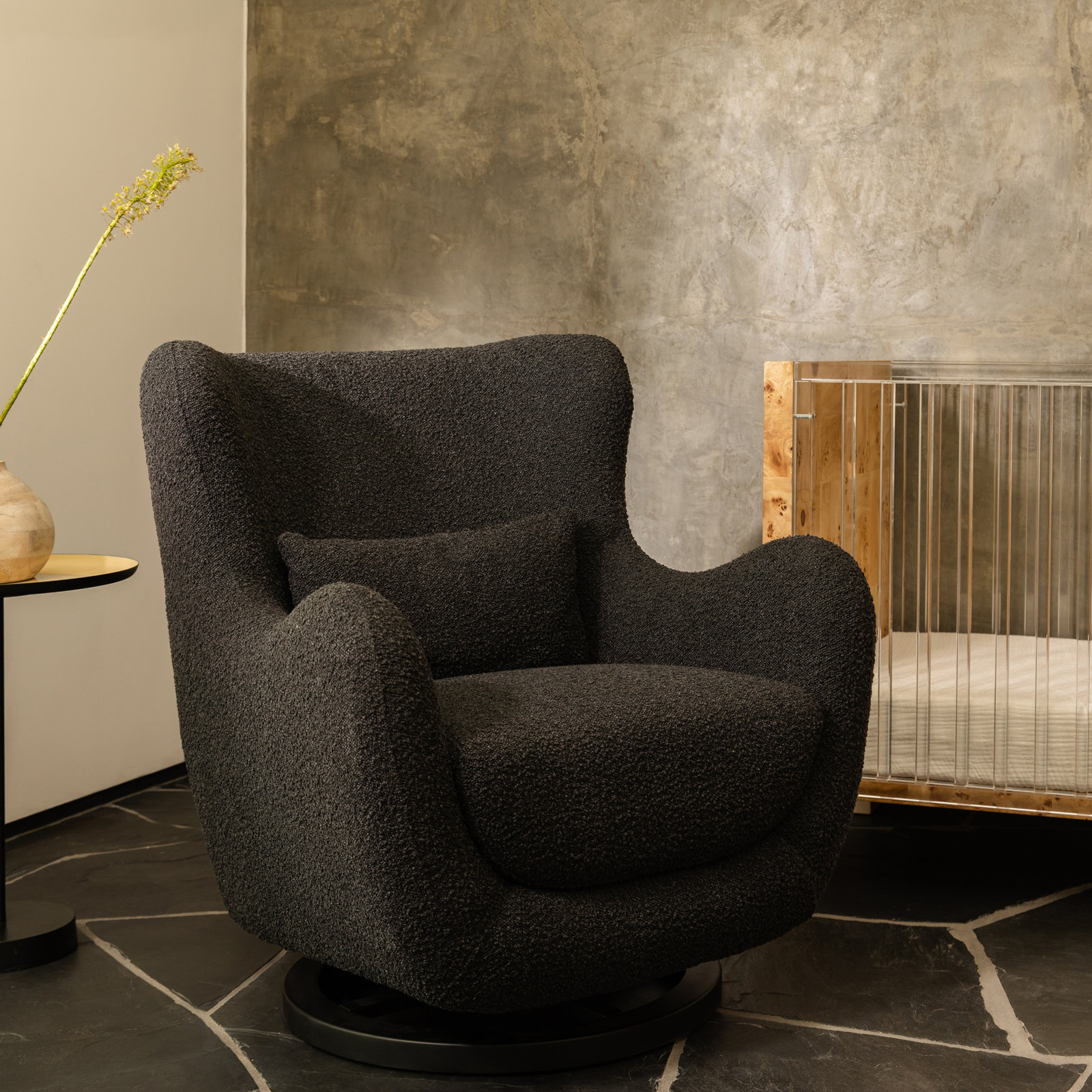 Solstice Swivel Glider in Boucle, Black Boucle