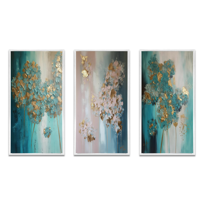 «Hydrangea Flower Blossoming Gold Retro Teal Gold» 3 pièces, Cadre flottant blanc, H 28 po x l 36 po