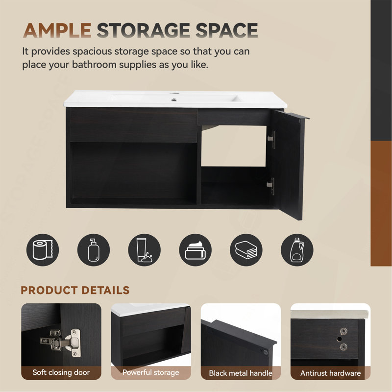 Meuble-lavabo flottant mural 36 po avec lavabo en céramique 36 po - Armoire moderne en chêne foncé avec tablette ouverte et porte à fermeture en douceur, espace de rangement spacieux (robinet et drain non inclus)