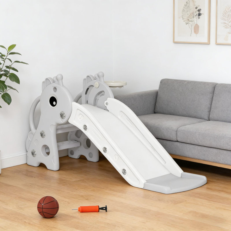 Glissade autoportante avec fonctions de jeu polyvalentes, en 3 étapes, en forme de girafe, anneau inclus et matériau en polypropylène, surface antidérapante, mains courantes latérales pour plus de stabilité, 1 an, couleur bleu / blanc