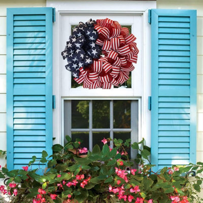 Red White Blue Patriotic Mesh Wreath With Star & Stripe Ribbons - 4Th Of July Independence Day Front Door Decor