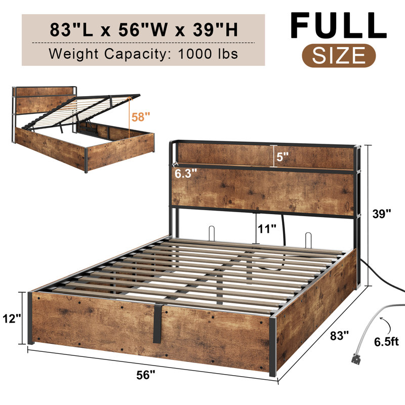 Tryston Lift Up Storage Full Bed Frame & Charging Station, Rustic Brown, Rustic Brown, Full