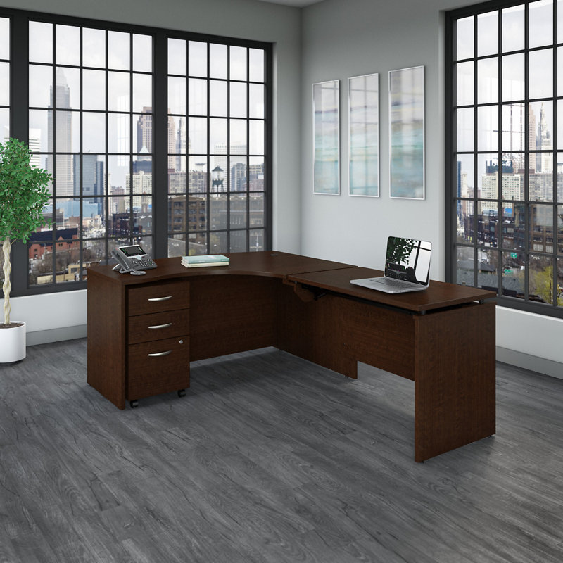 Series C 60W x 43D 3 Position Sit to Stand L Shaped Desk with Mobile File Cabinet, Mocha Cherry/Mocha Cherry, Right