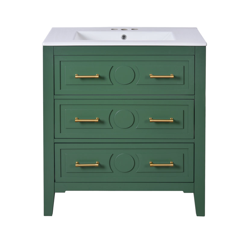 Ensemble de meuble-lavabo simple 30 po avec 3 tiroirs, meuble-lavabo autoportant avec cadre en bois massif, vert 30 po, Vert