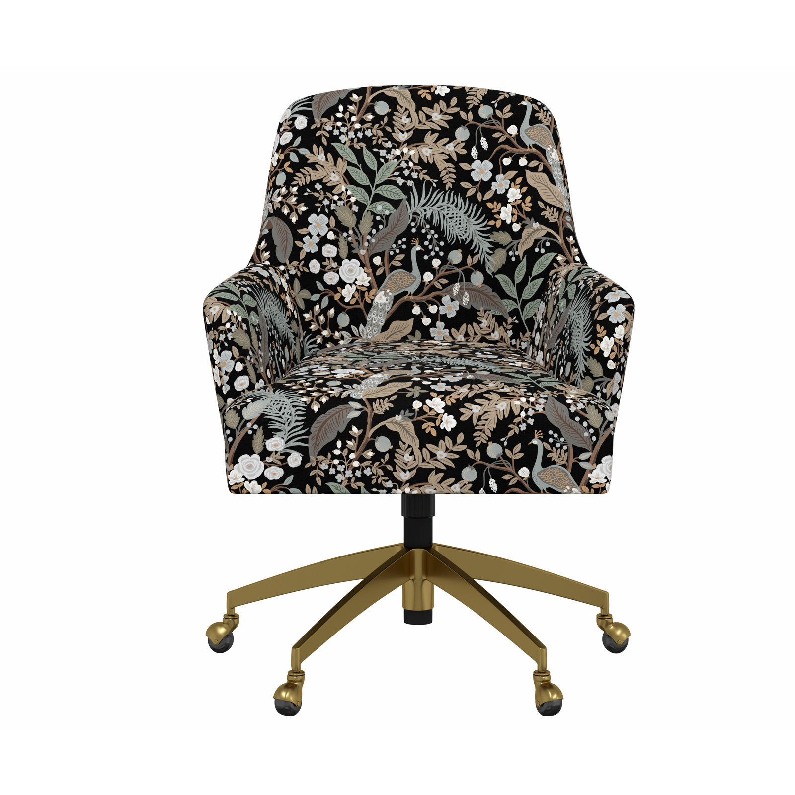 Rifle Paper Co. x Cloth & Company Yvette Office Chair, Rpc Peacock Black Linen, Brushed Gold