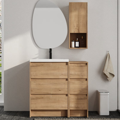 Meuble-lavabo sur pied simple 36 po avec plateau en résine et rangement mural pour salle de bain 12 po Vowar